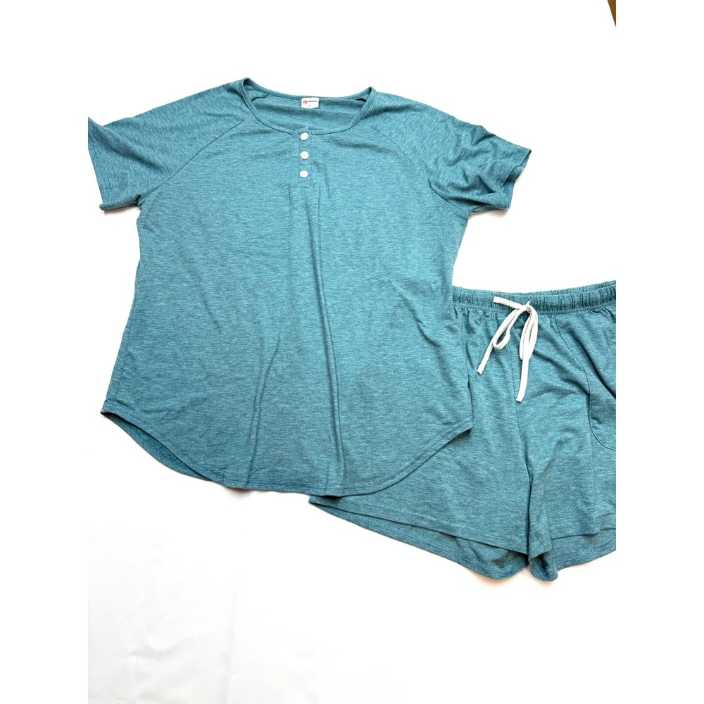 WIHOLL Women's Large 2pc Teal Blue Pajama Short Sleeve Shirt and Shorts Set B9